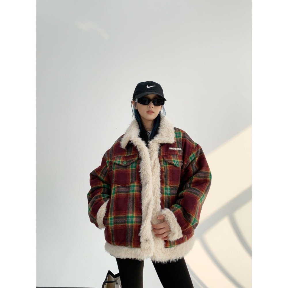 Splice winter plaid cotton coat American style retro coat