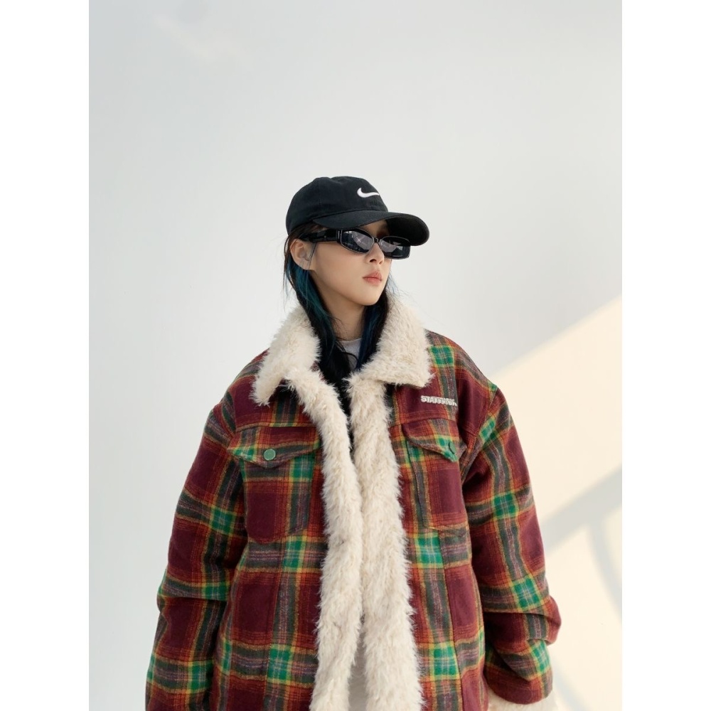 Splice winter plaid cotton coat American style retro coat