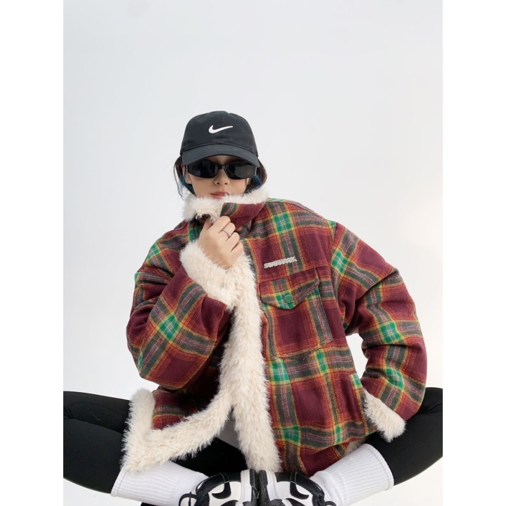 Splice winter plaid cotton coat American style retro coat