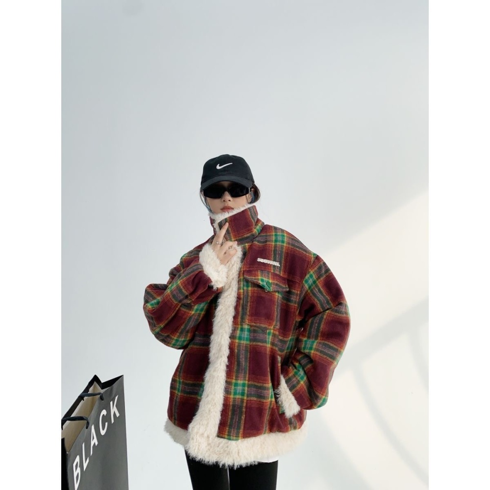 Splice winter plaid cotton coat American style retro coat