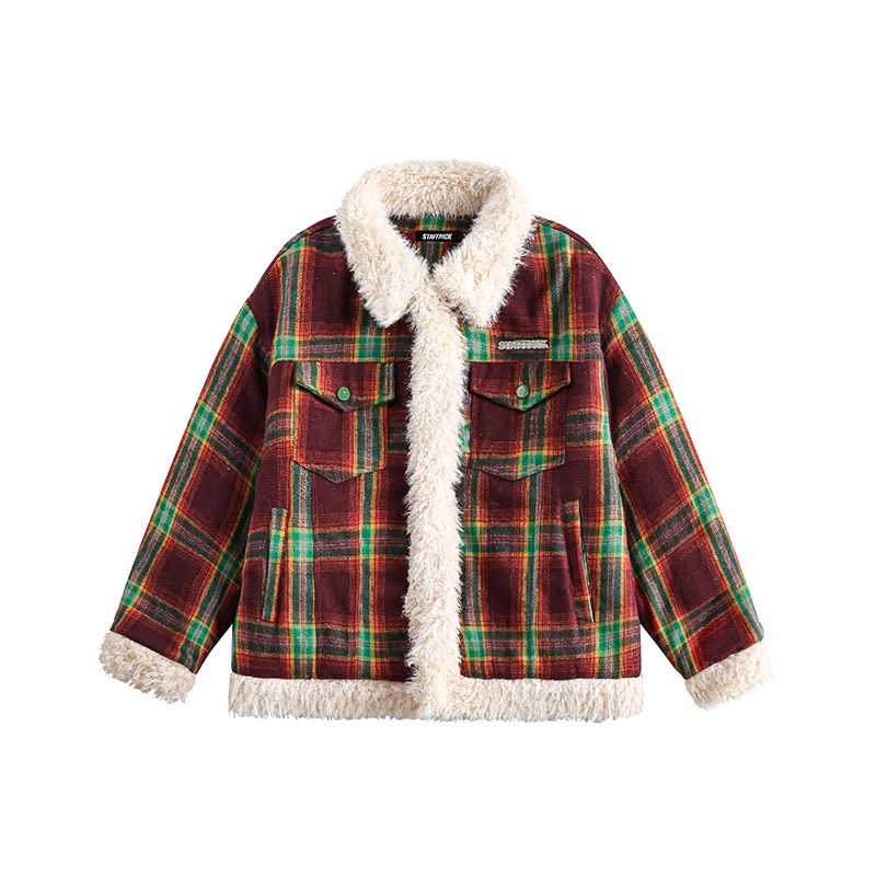 Splice winter plaid cotton coat American style retro coat