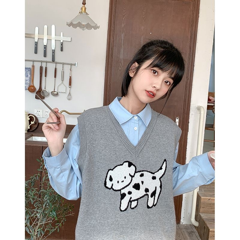 All-match knitted maiden loose cartoon waistcoat for women