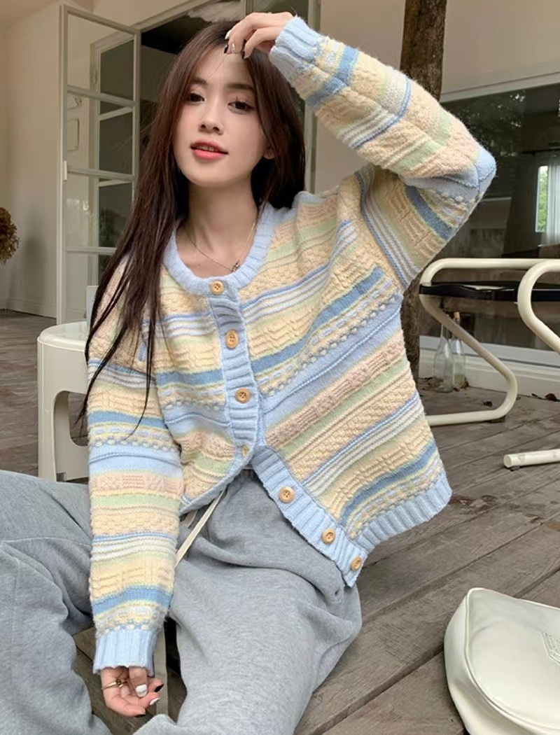 Loose long sleeve sweater lazy stripe cardigan for women