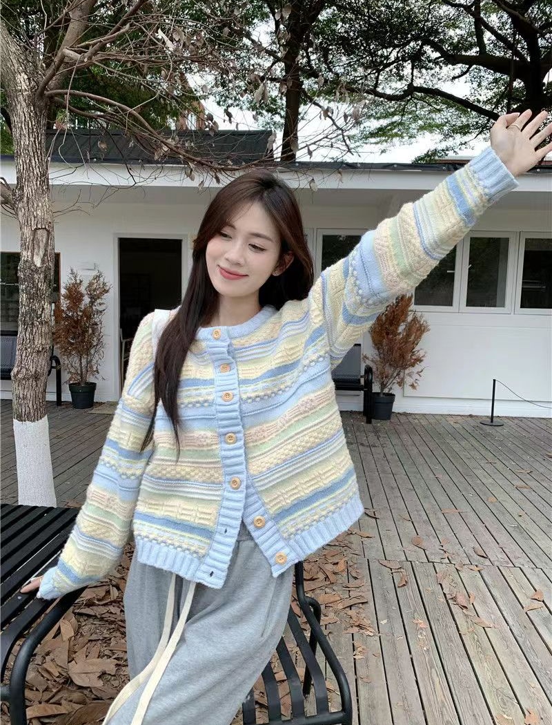 Loose long sleeve sweater lazy stripe cardigan for women