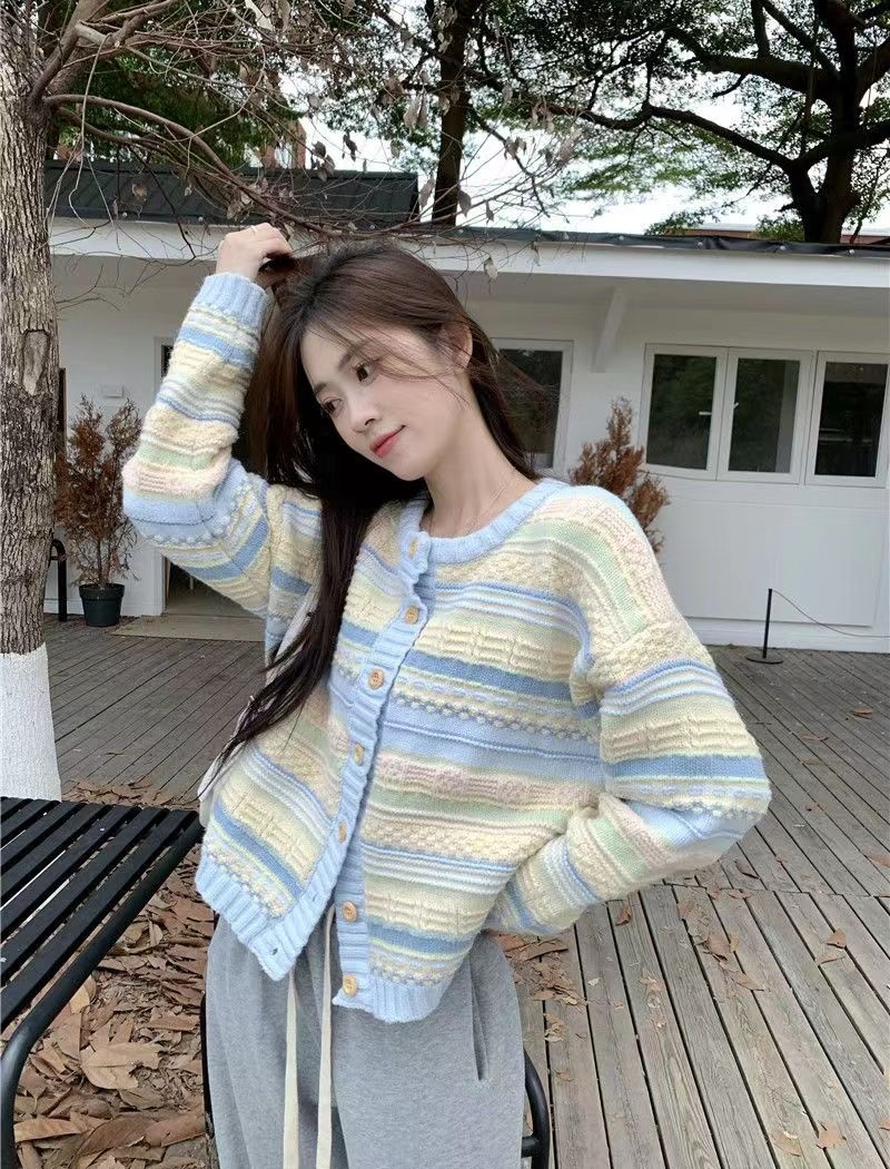 Loose long sleeve sweater lazy stripe cardigan for women