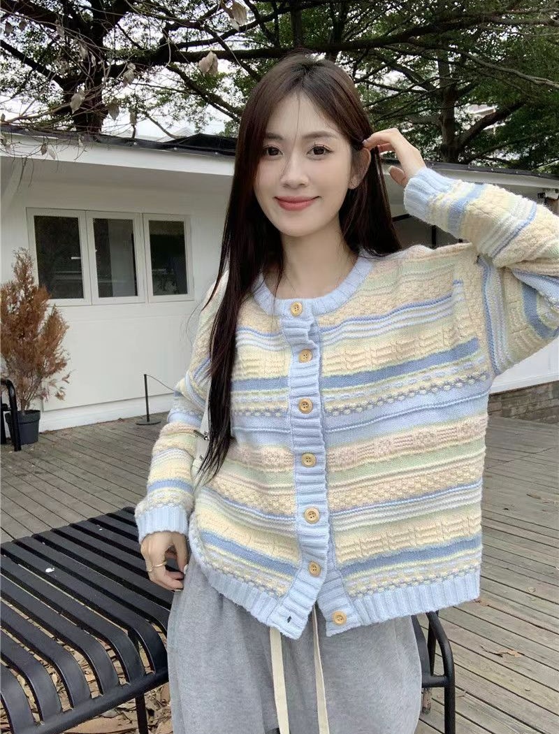 Loose long sleeve sweater lazy stripe cardigan for women