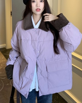 Winter corduroy down coat loose purple cotton coat for women