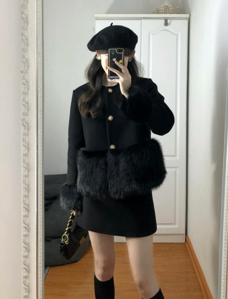 Burr splice short skirt winter woolen jacket 2pcs set