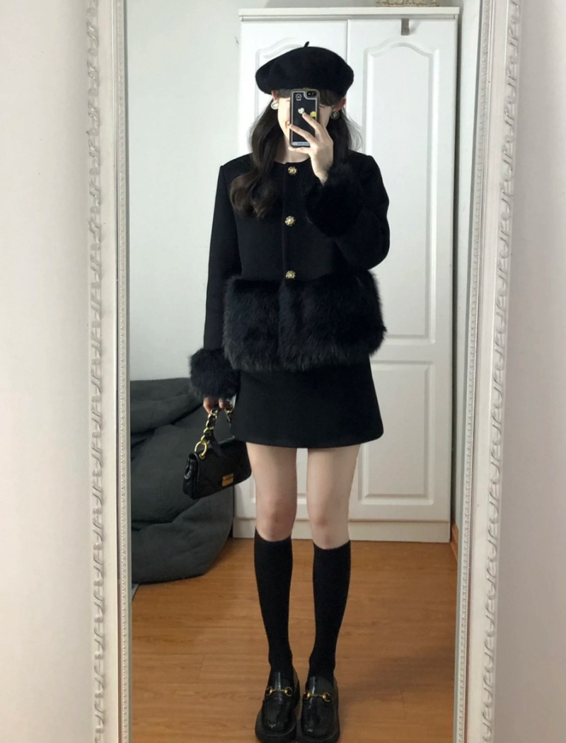 Burr splice short skirt winter woolen jacket 2pcs set