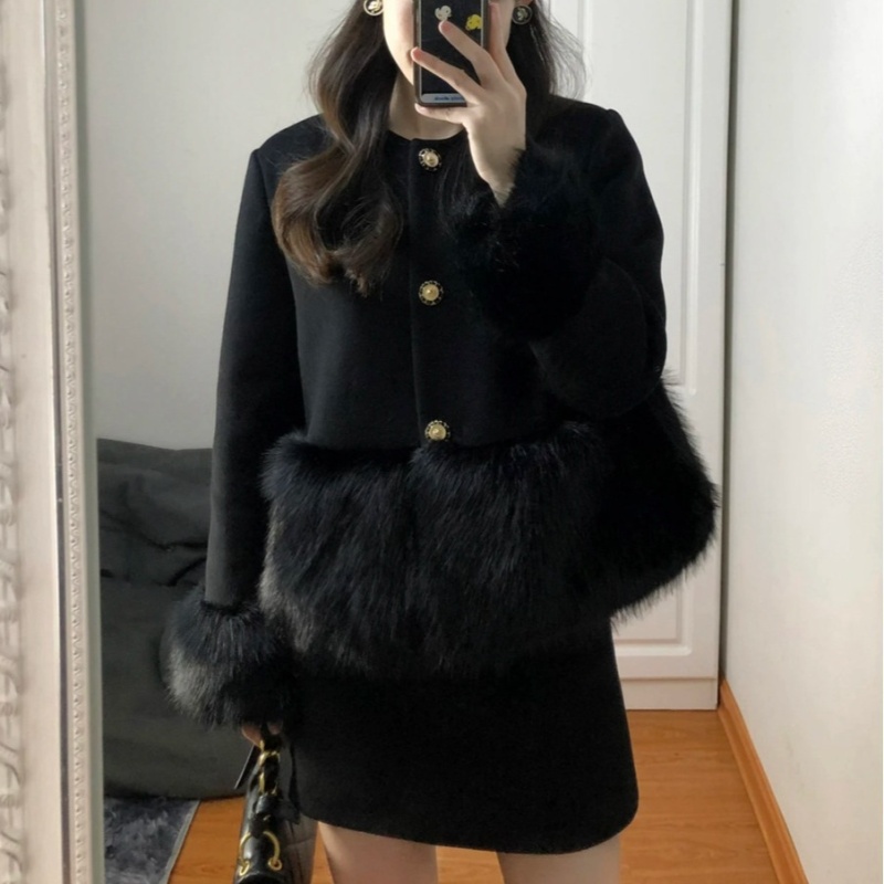 Burr splice short skirt winter woolen jacket 2pcs set