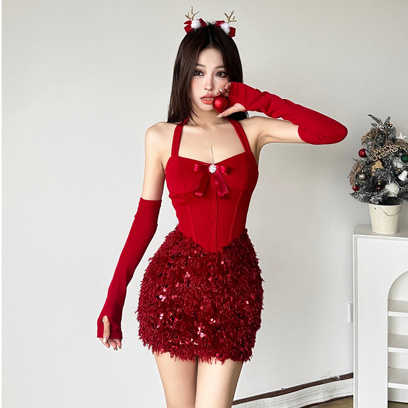 Halter pure T-back package hip christmas costumes for women