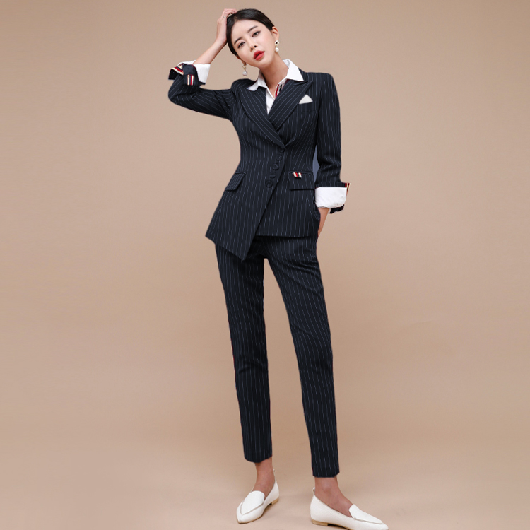 Slim fashion long pants stripe business suit 2pcs set