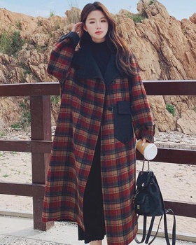 Korean style loose retro plaid thick long woolen coat