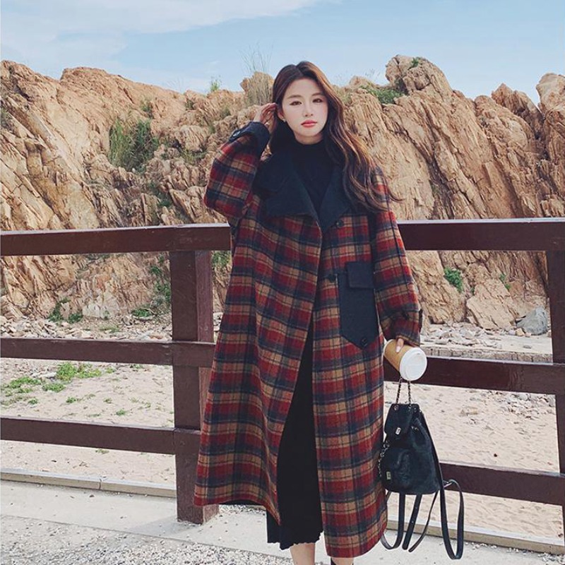 Korean style loose retro plaid thick long woolen coat