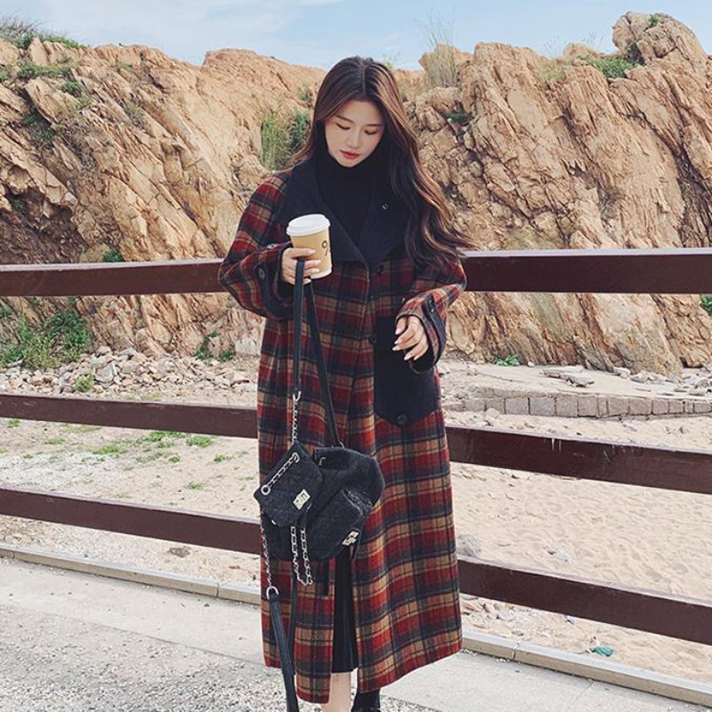 Korean style loose retro plaid thick long woolen coat