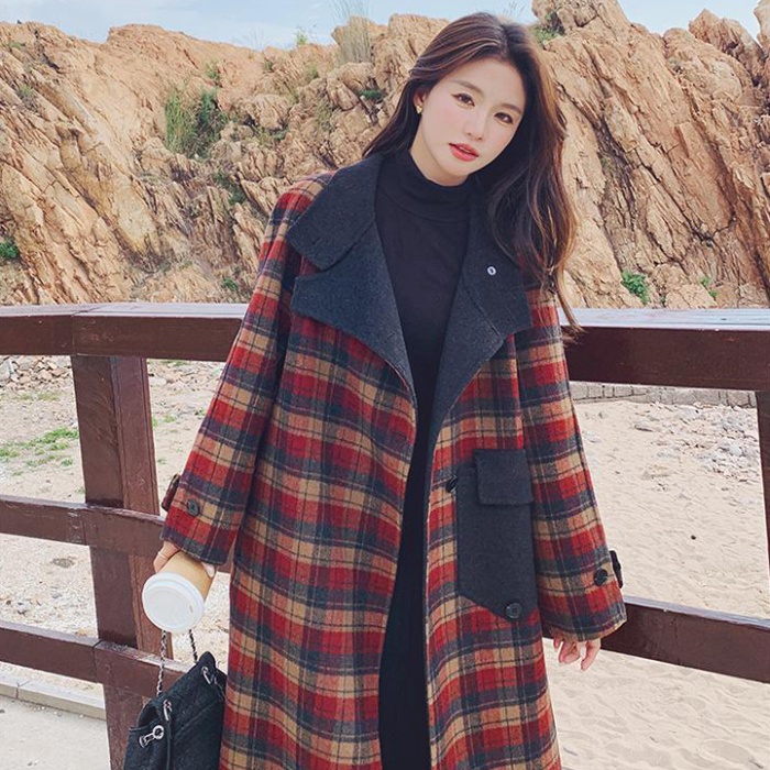 Korean style loose retro plaid thick long woolen coat