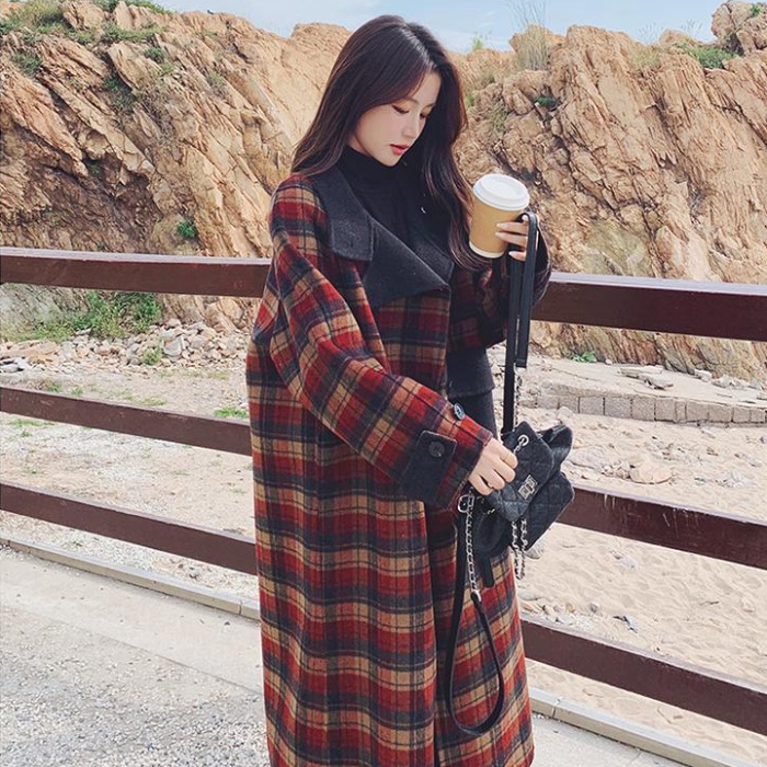 Korean style loose retro plaid thick long woolen coat