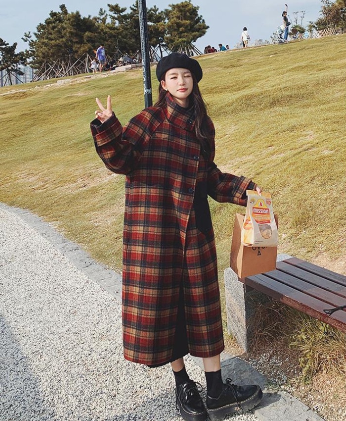 Korean style loose retro plaid thick long woolen coat