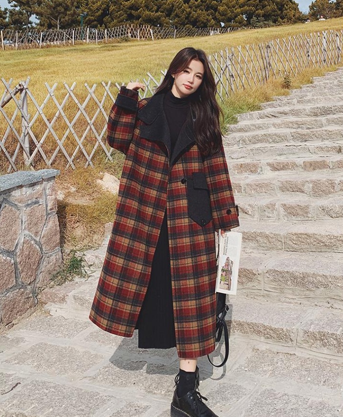 Korean style loose retro plaid thick long woolen coat