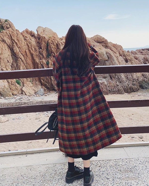 Korean style loose retro plaid thick long woolen coat