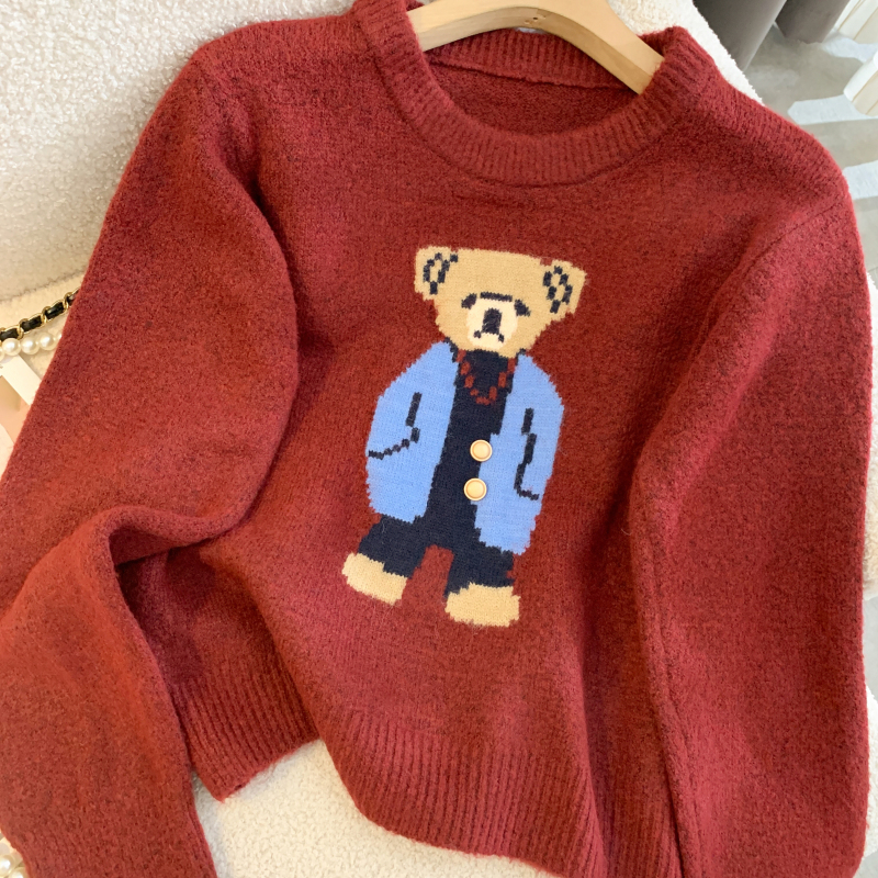 Embroidery pullover cubs round neck sweater for women