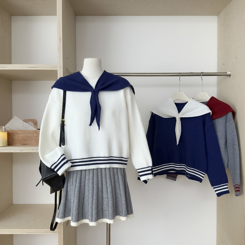 Navy collar autumn tops loose Korean style sweater