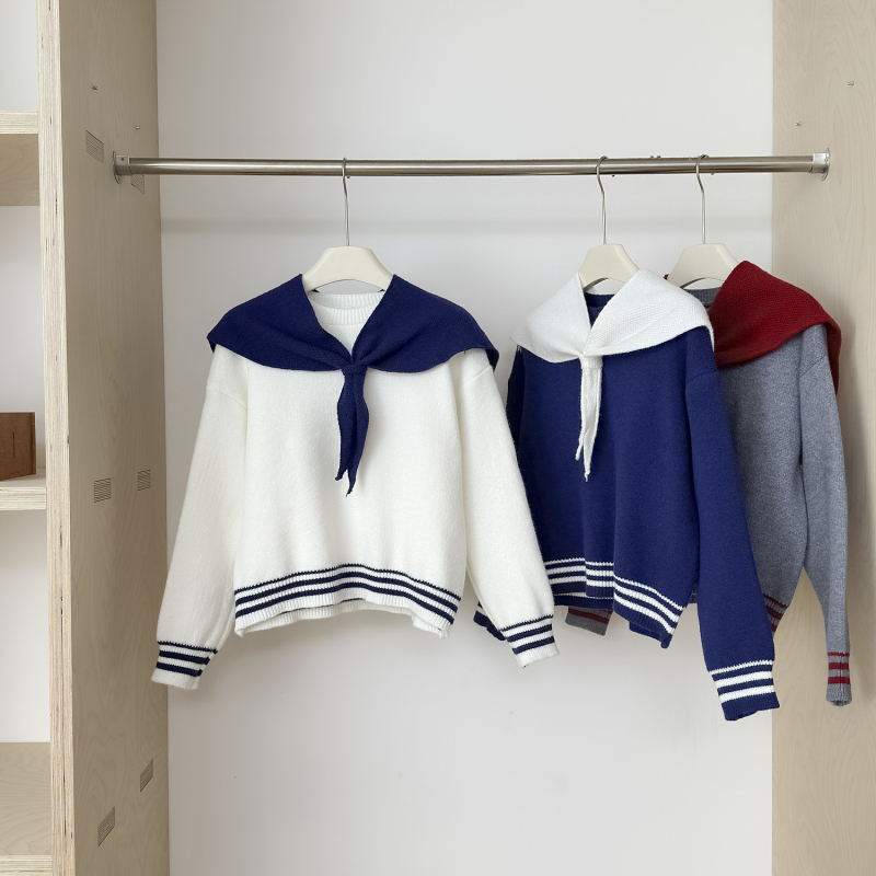 Navy collar autumn tops loose Korean style sweater