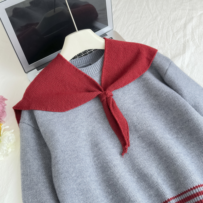 Navy collar autumn tops loose Korean style sweater