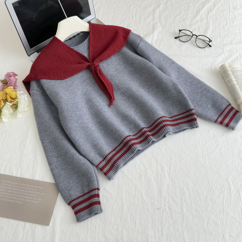 Navy collar autumn tops loose Korean style sweater