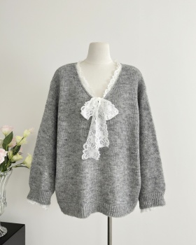 Bow lazy gray sweater autumn France style tops for women