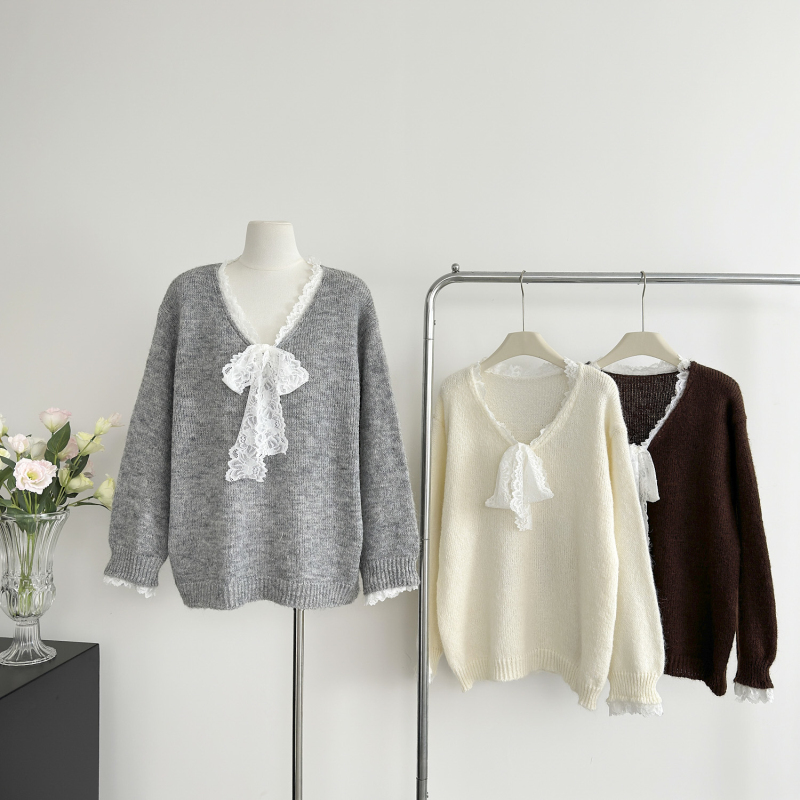 Bow lazy gray sweater autumn France style tops for women