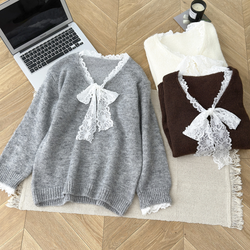 Bow lazy gray sweater autumn France style tops for women