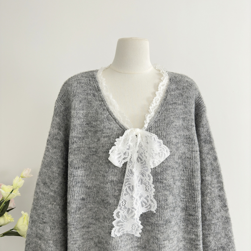 Bow lazy gray sweater autumn France style tops for women