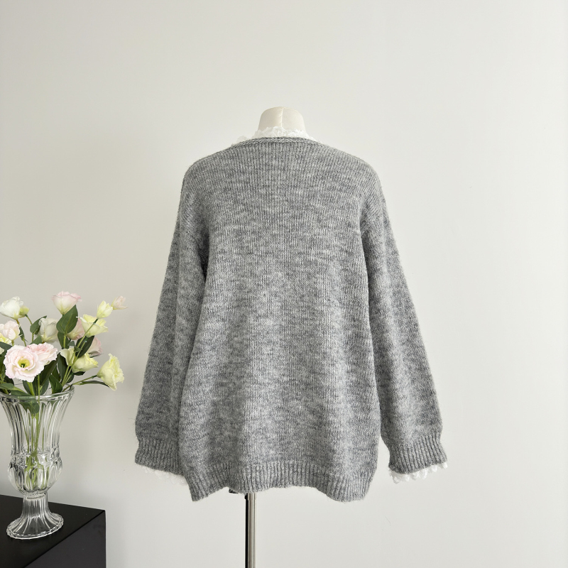 Bow lazy gray sweater autumn France style tops for women