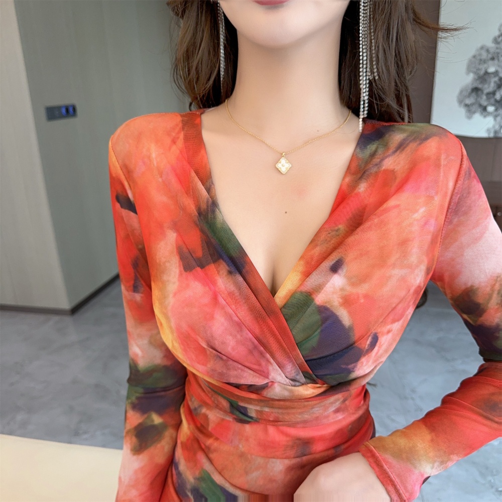 Ladies bottoming low-cut long sleeve printing sexy dress