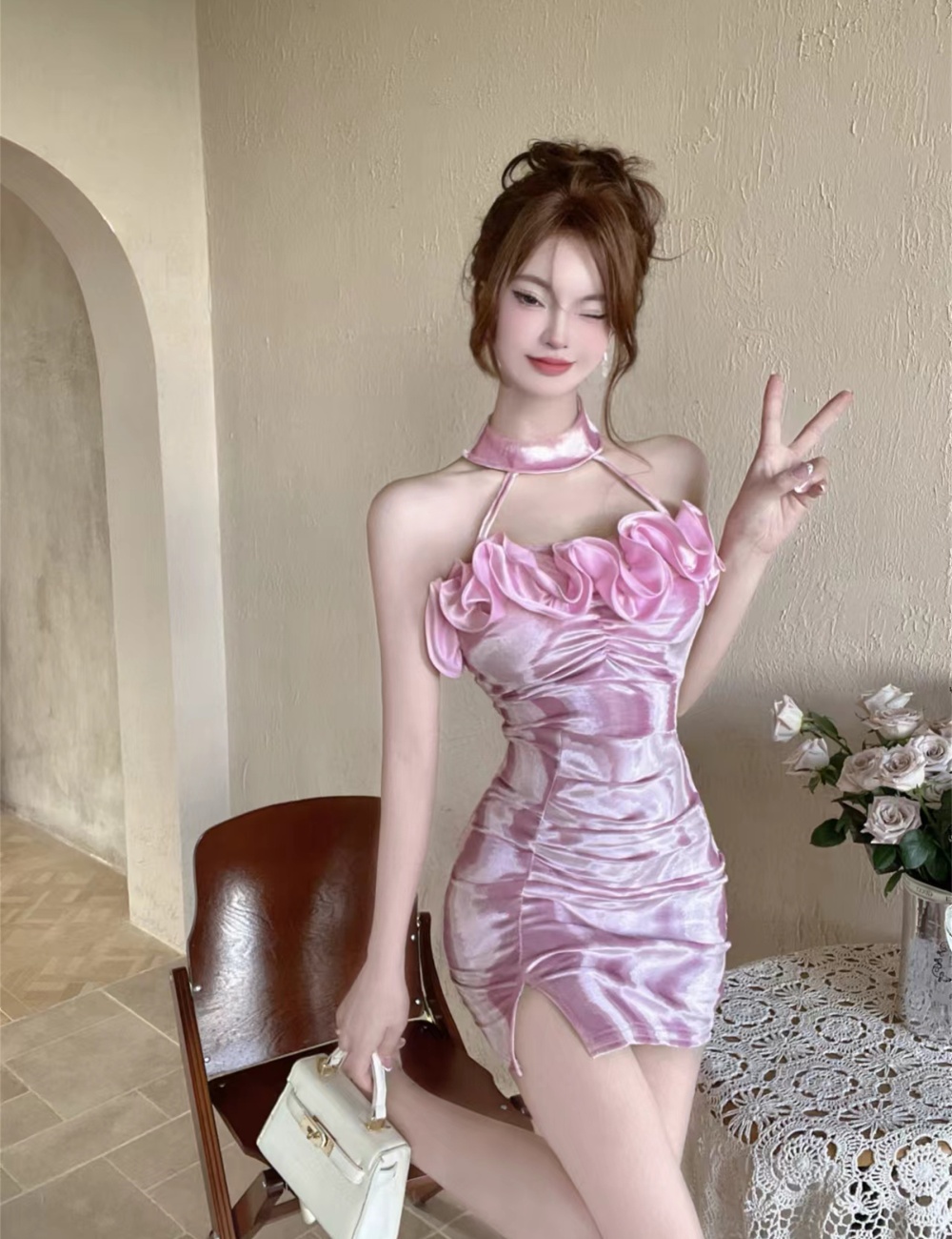 Sexy sling package hip bottoming flowers short splice dress