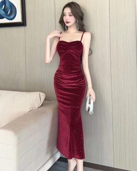 Velvet retro sling bottoming France style dress