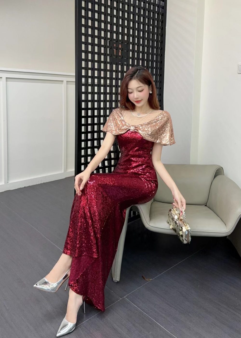 Elegant banquet sequins long dress temperament slim dress