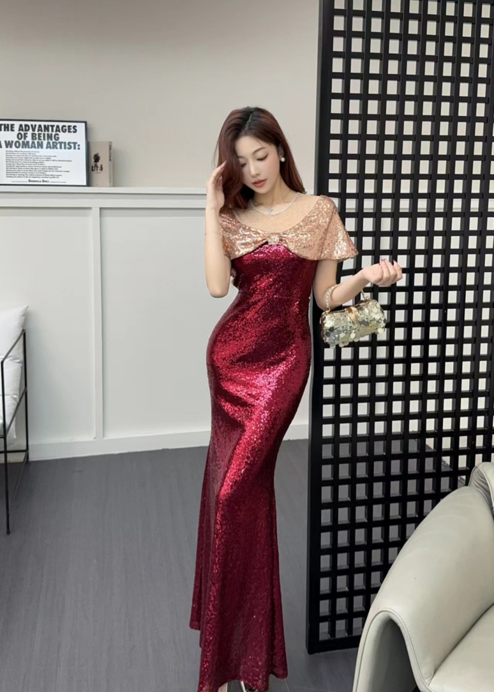 Elegant banquet sequins long dress temperament slim dress