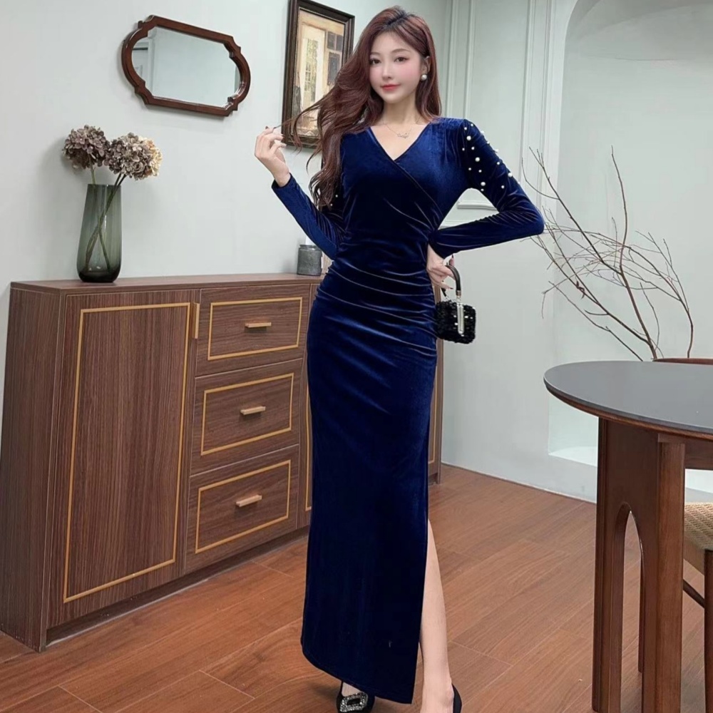 Velvet banquet sexy long sleeve long evening dress for women