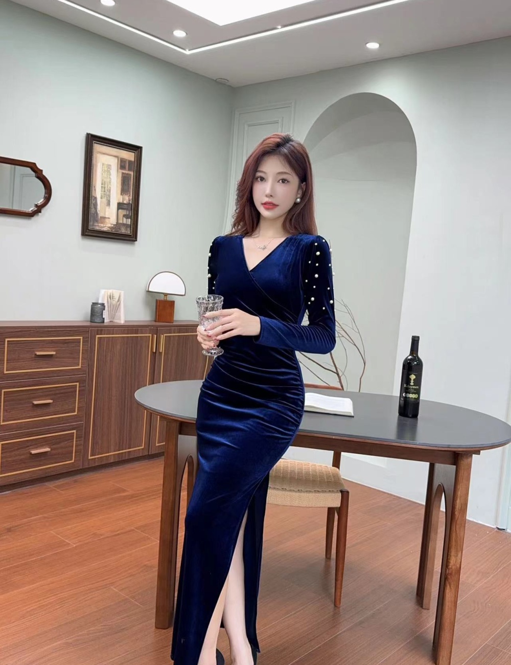 Velvet banquet sexy long sleeve long evening dress for women