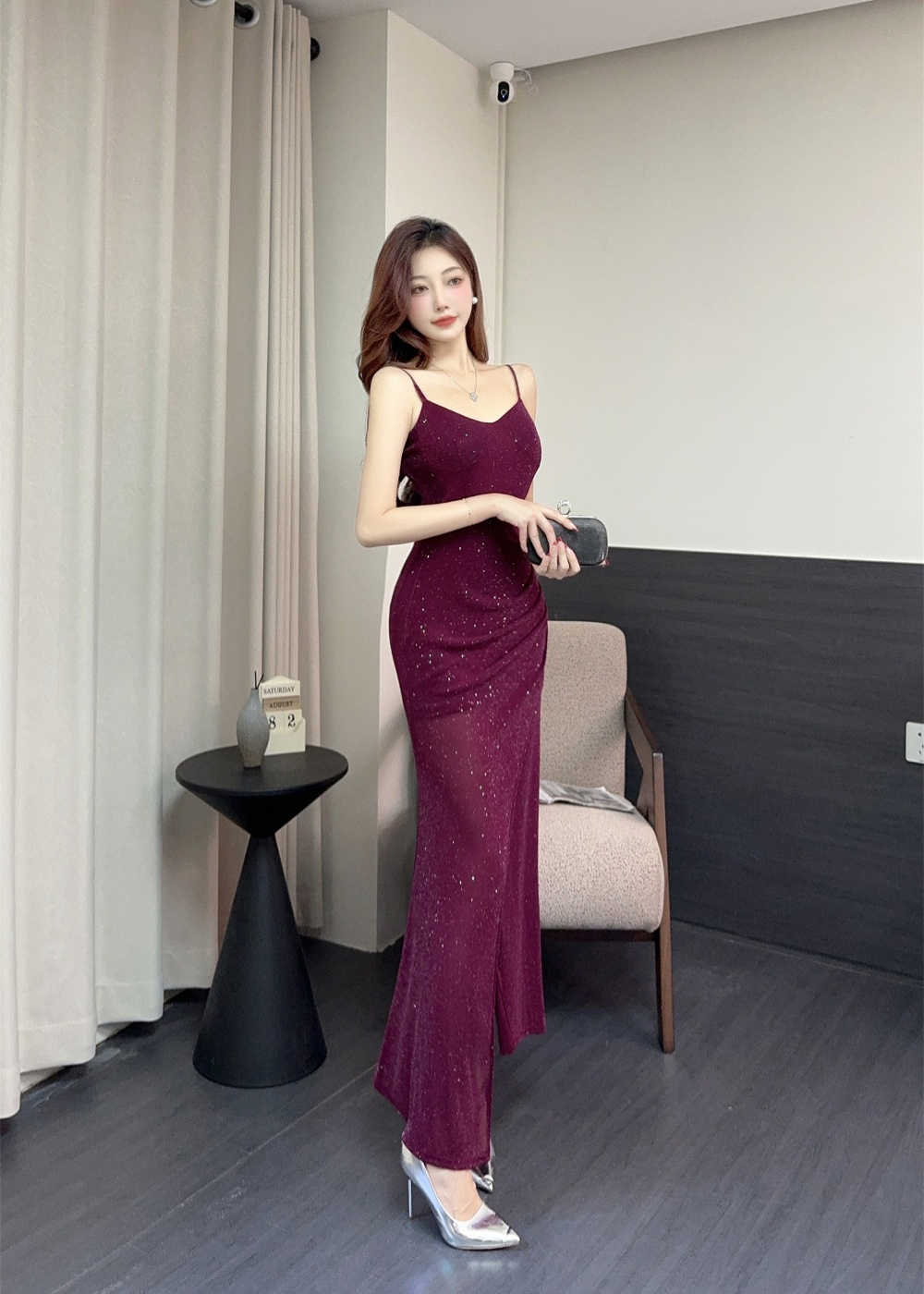 Sling halter slim long dress fold high waist dress