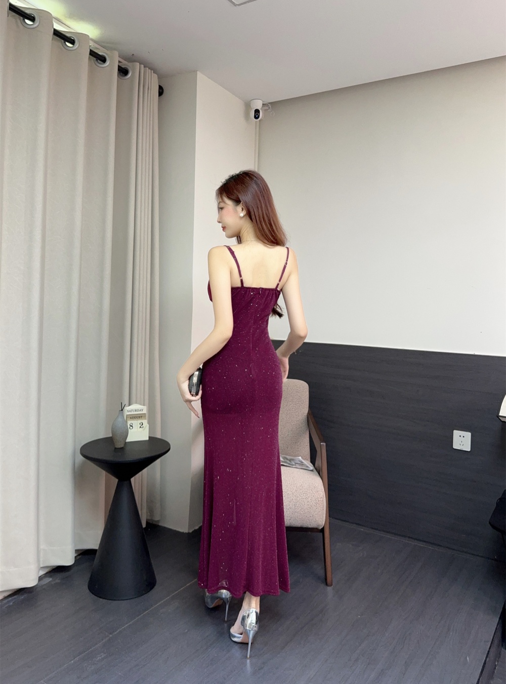 Sling halter slim long dress fold high waist dress