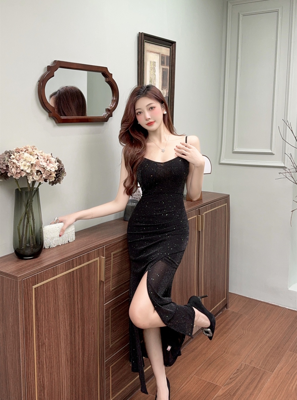 Sling halter slim long dress fold high waist dress