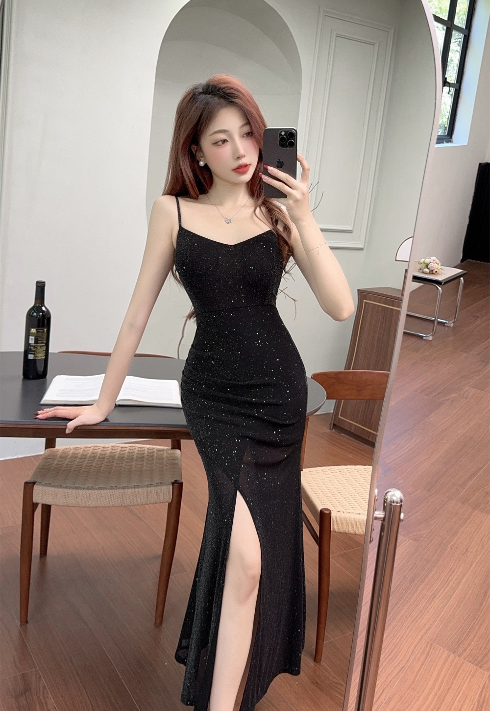 Sling halter slim long dress fold high waist dress