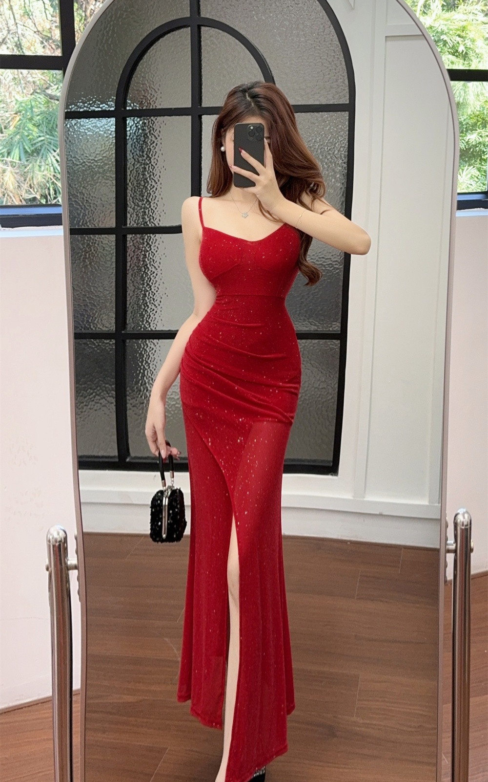 Sling halter slim long dress fold high waist dress