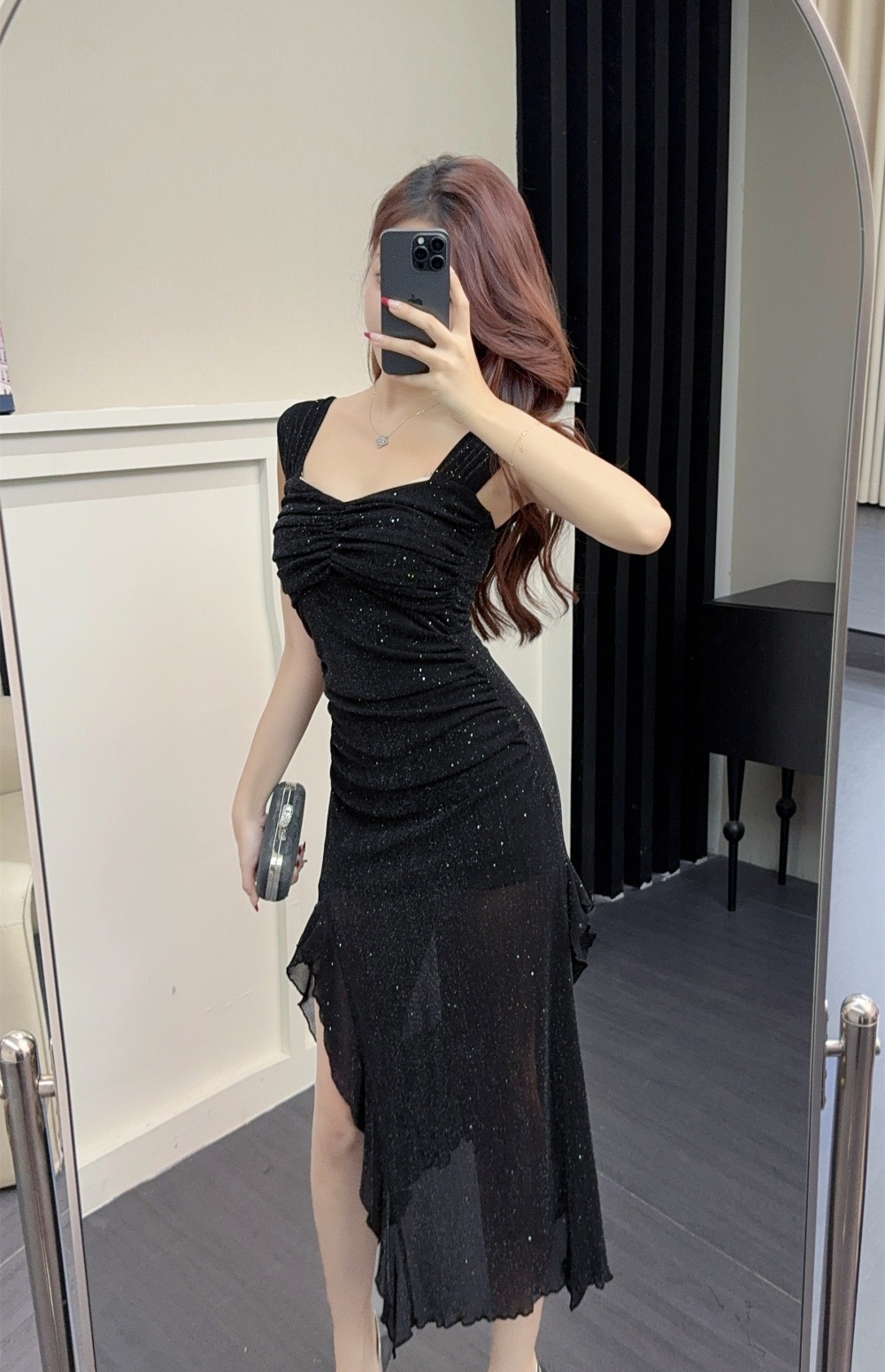 Gauze sling high slit bottoming sexy sequins long dress