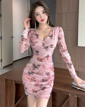 Slim package hip printing long sleeve autumn bottoming dress