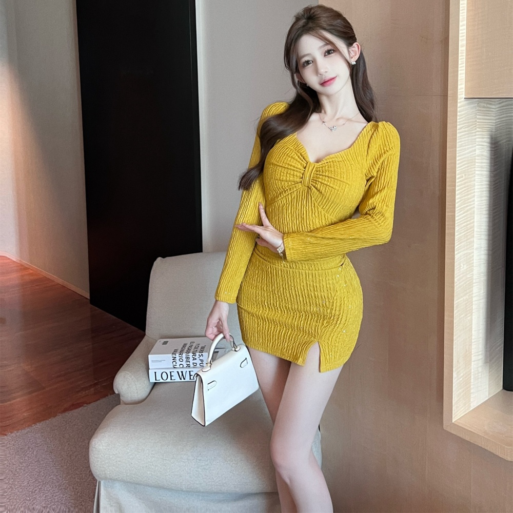 Low-cut long sleeve elasticity package hip sexy dress