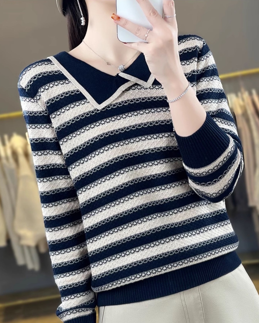 Knitted lapel sweater large yard bottoming shirt for women